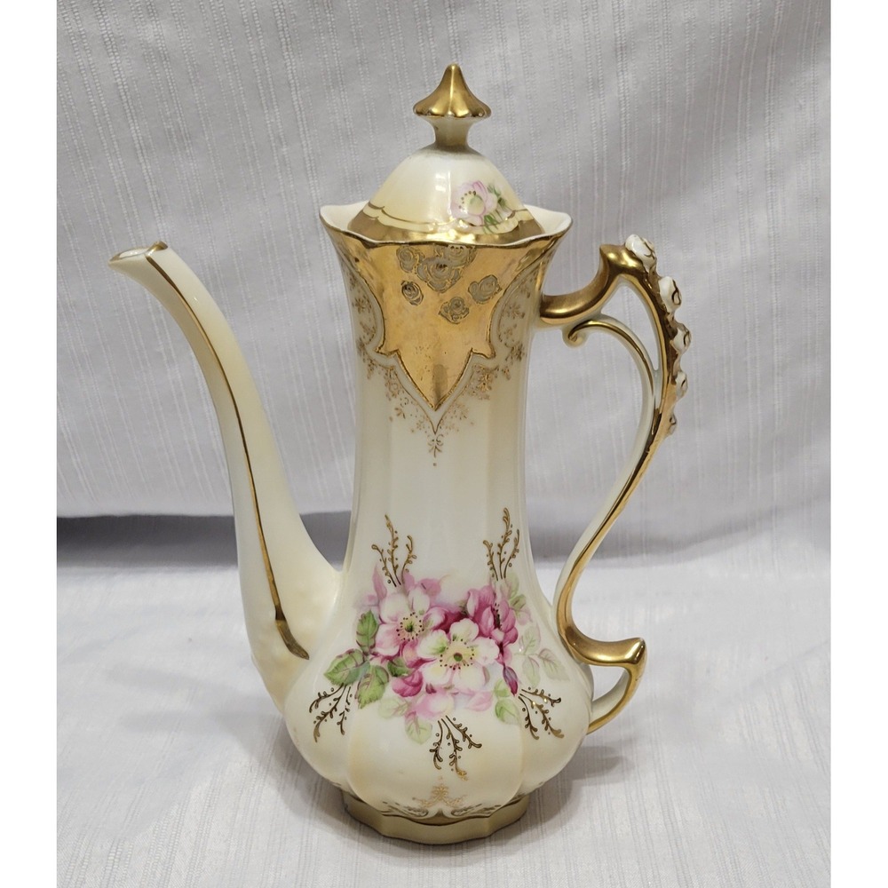 Antique Hand Painted Porcelain Chocolate Pot Gold Gilt Victorian Coffee Tea